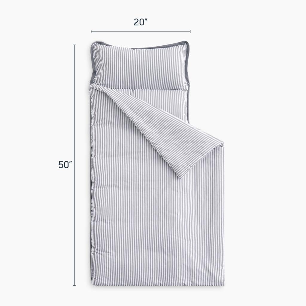 Wake In Cloud Toddler Nap Mat with Pillow & Blanket – 100% Cotton, Striped Gray