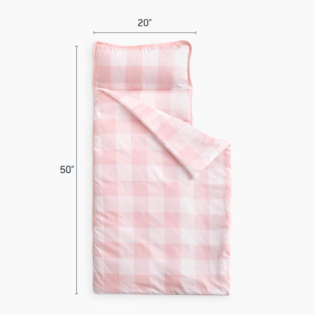 Wake In Cloud Toddler Nap Mat with Pillow & Blanket – Gingham Pink/White, 50x20