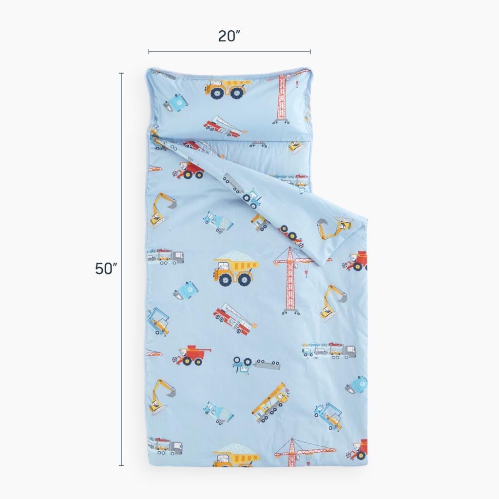Wake In Cloud Toddler Nap Mat with Pillow & Blanket – 50x20, 100% Cotton, Cars & Trucks, Blue
