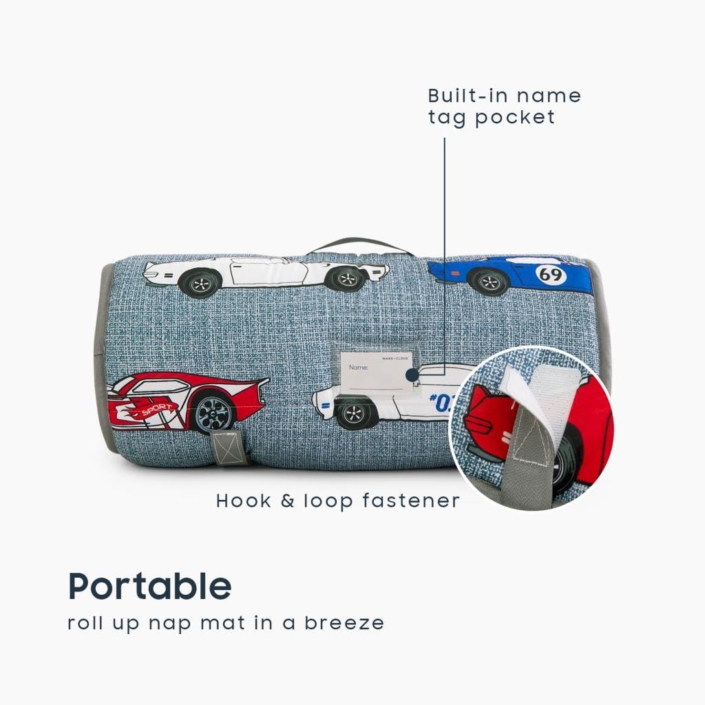 Wake In Cloud Toddler Nap Mat with Pillow & Blanket – Race Car Design, 50 x 20 in