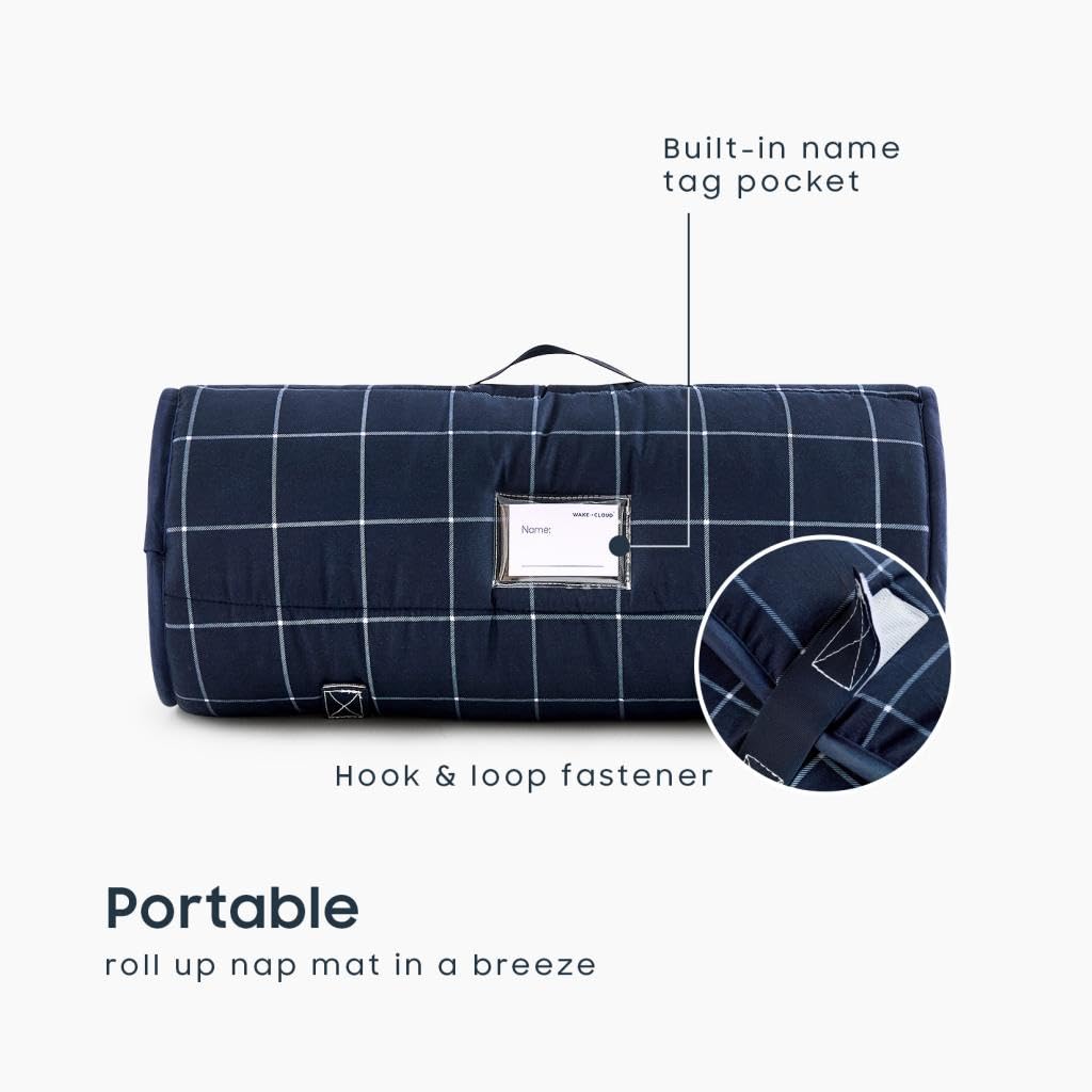 Wake In Cloud Toddler Nap Mat with Pillow & Blanket – Gingham Navy White, 50x20