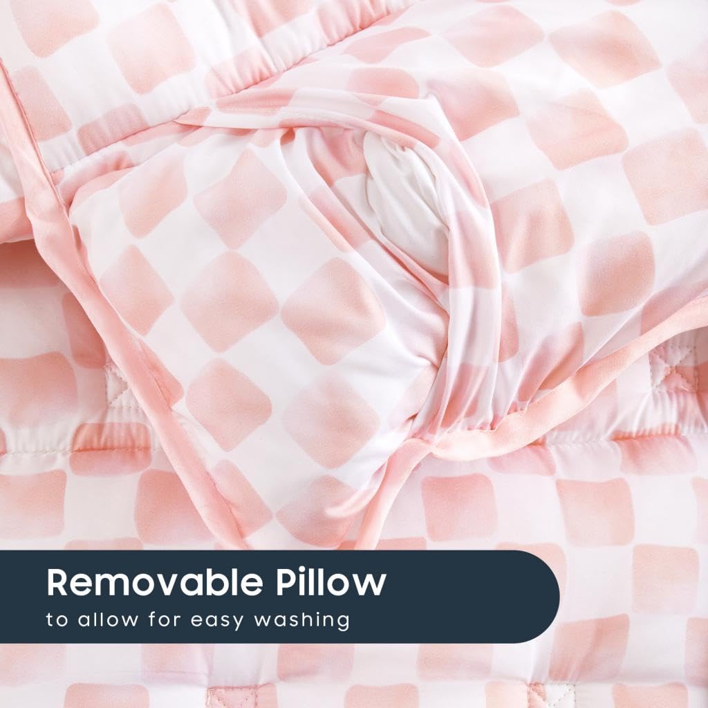 Wake In Cloud Toddler Nap Mat with Pillow & Blanket – Checkered Pink & White, 50x20 in (3+)