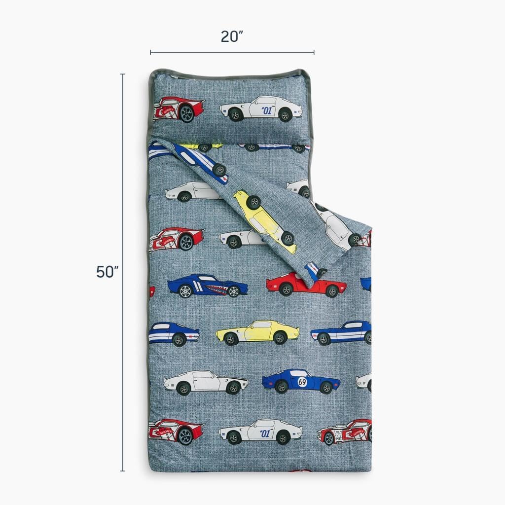 Wake In Cloud Toddler Nap Mat with Pillow & Blanket – Race Car Design, 50 x 20 in