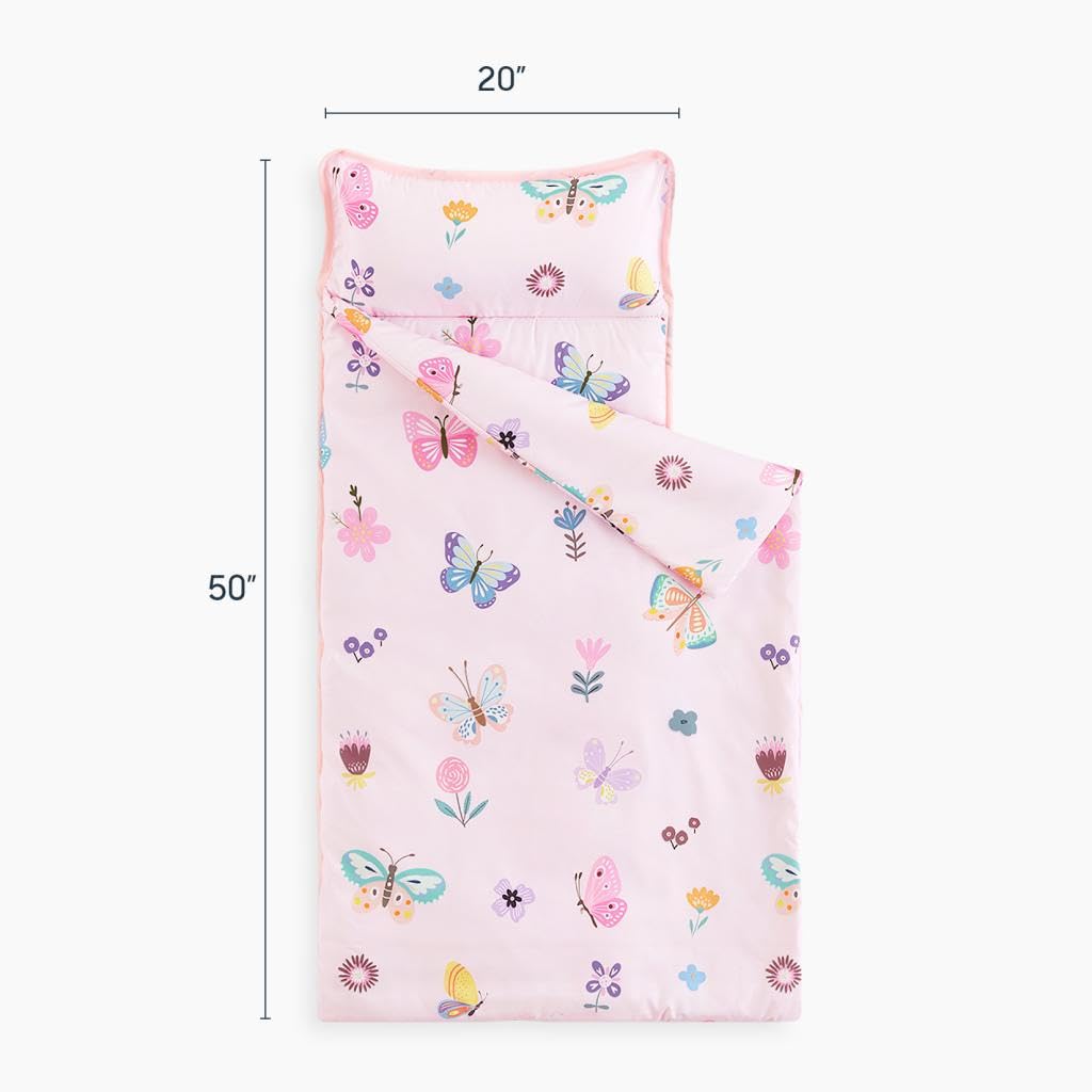Wake In Cloud Toddler Nap Mat with Pillow & Blanket – Pink Butterfly Design for Preschool & Daycare