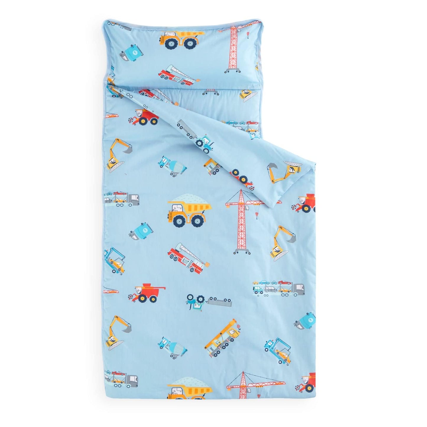 Wake In Cloud Toddler Nap Mat with Pillow & Blanket – 50x20, 100% Cotton, Cars & Trucks, Blue