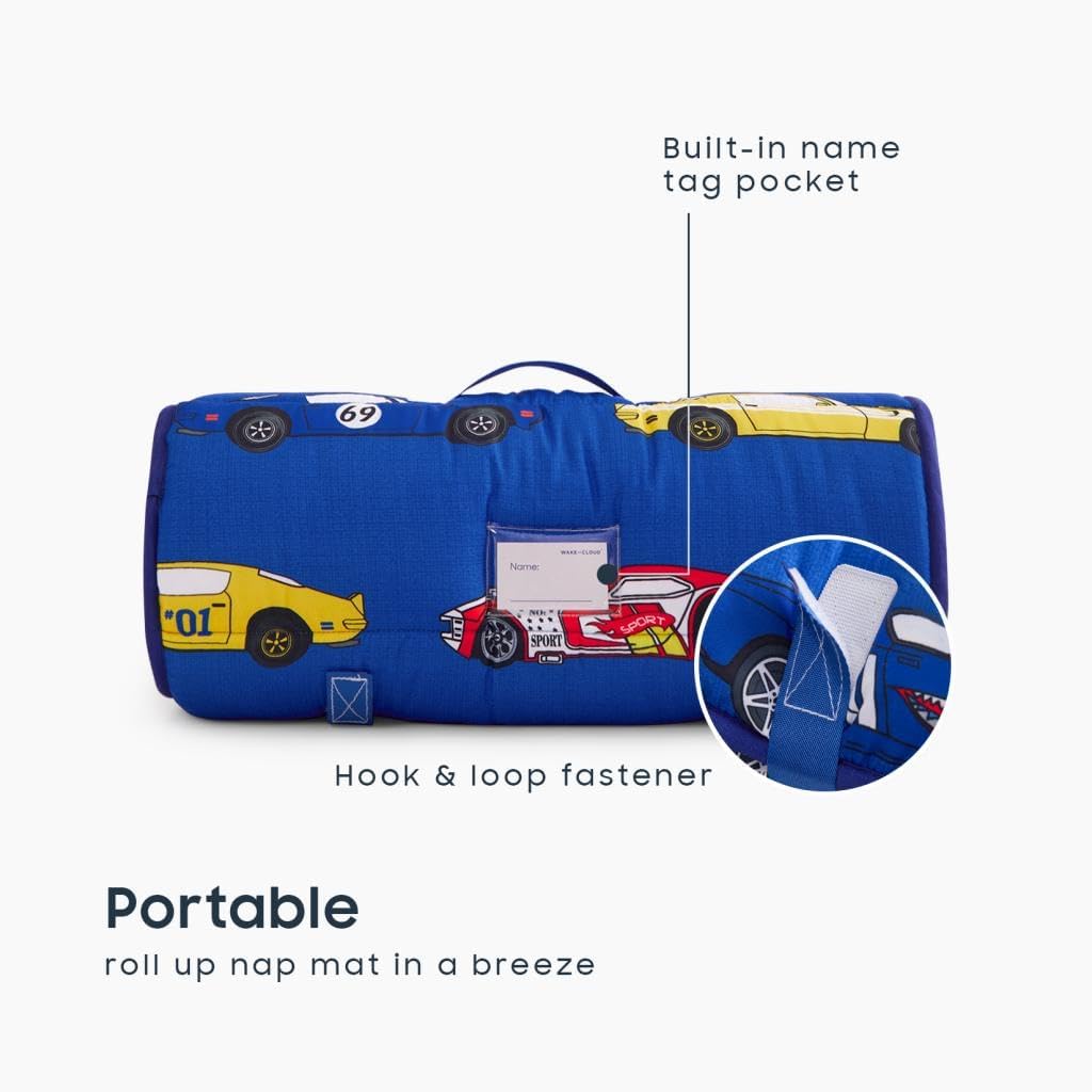 Wake In Cloud Toddler Nap Mat with Pillow & Blanket – Race Cars Blue