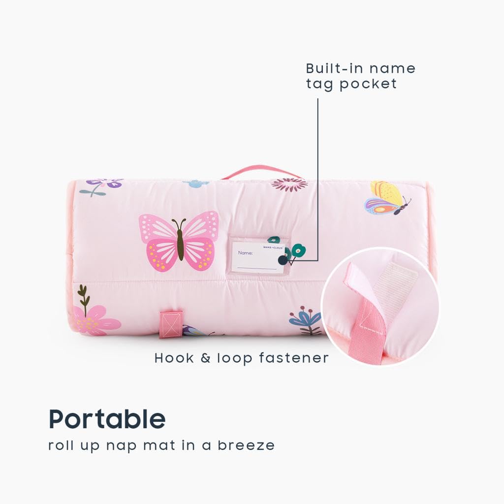 Wake In Cloud Toddler Nap Mat with Pillow & Blanket – Pink Butterfly Design for Preschool & Daycare