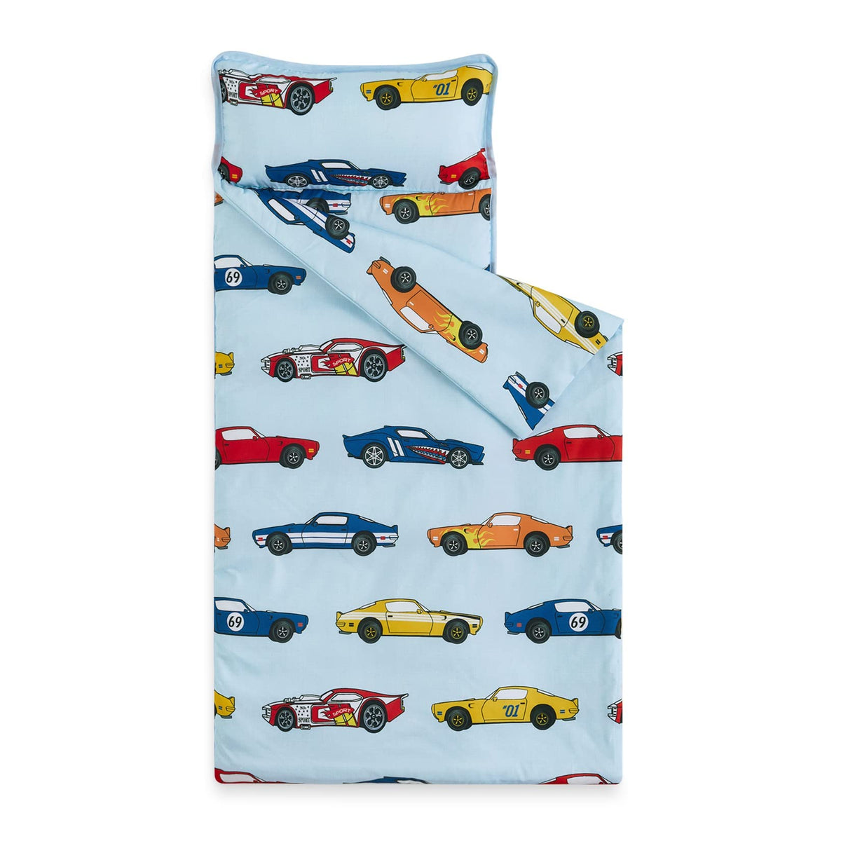 Wake In Cloud Toddler Nap Mat with Pillow & Blanket — Race Car Design, 50 x 20 in