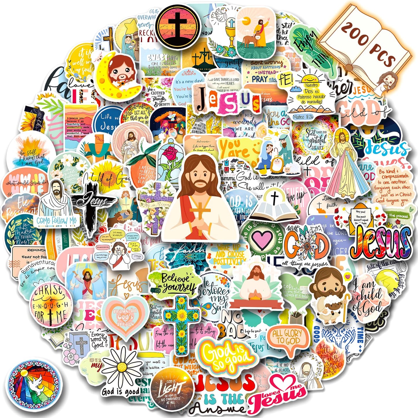 WAKEMOODEI 200PCS Jesus Christian Stickers – Bible Verse Vinyl Decals for Water Bottles, Laptops & More