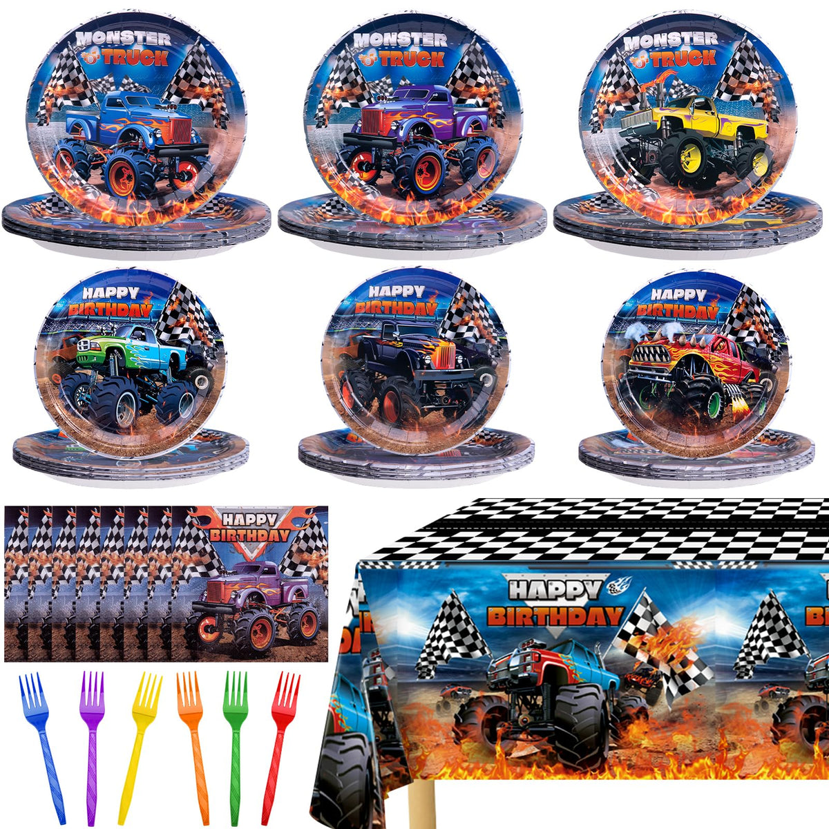 Wakeys Monster Truck Birthday Decorations Kit – 97-Piece Party Supplies for Boys (Serves 24 Guests)