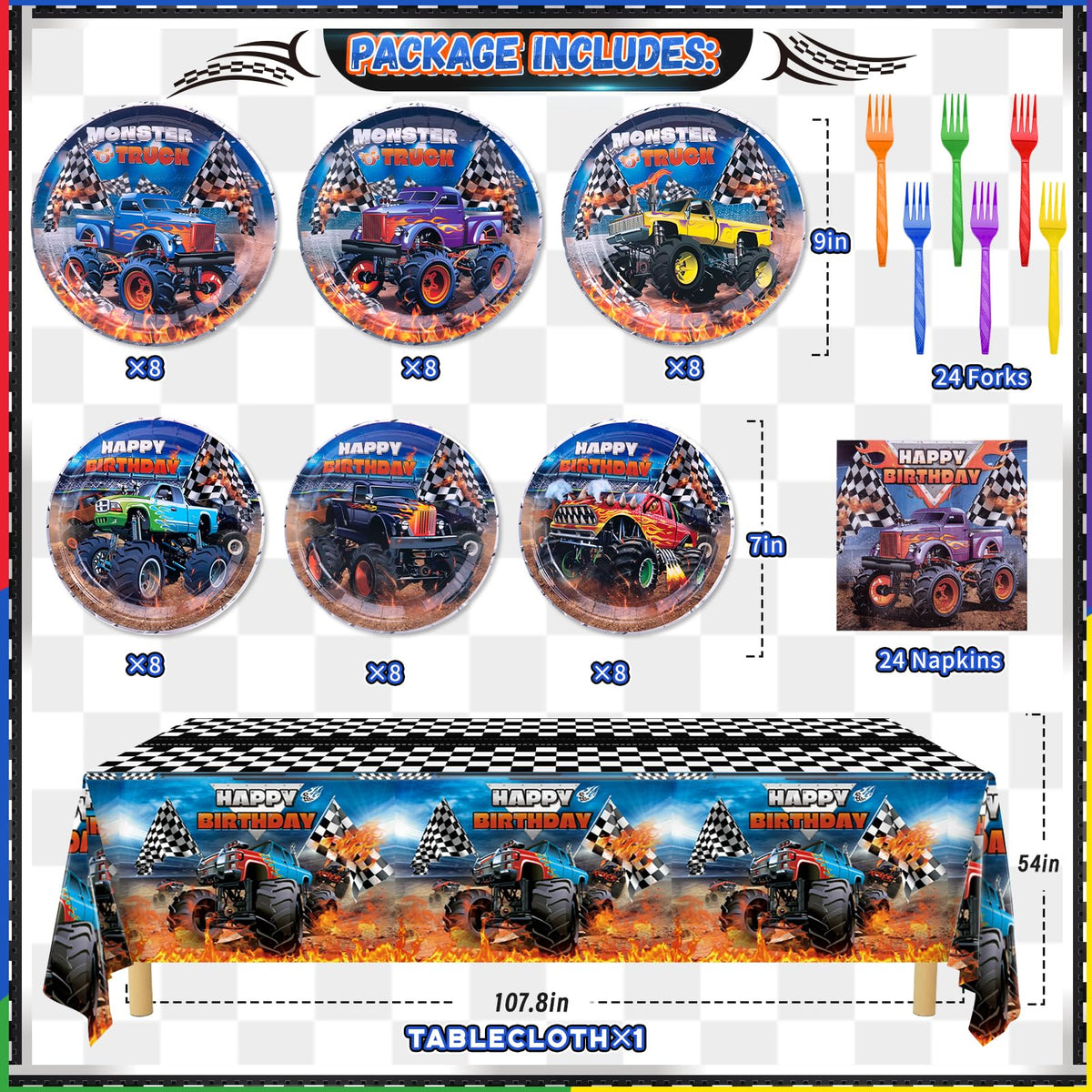 Wakeys Monster Truck Birthday Decorations Kit – 97-Piece Party Supplies for Boys (Serves 24 Guests)
