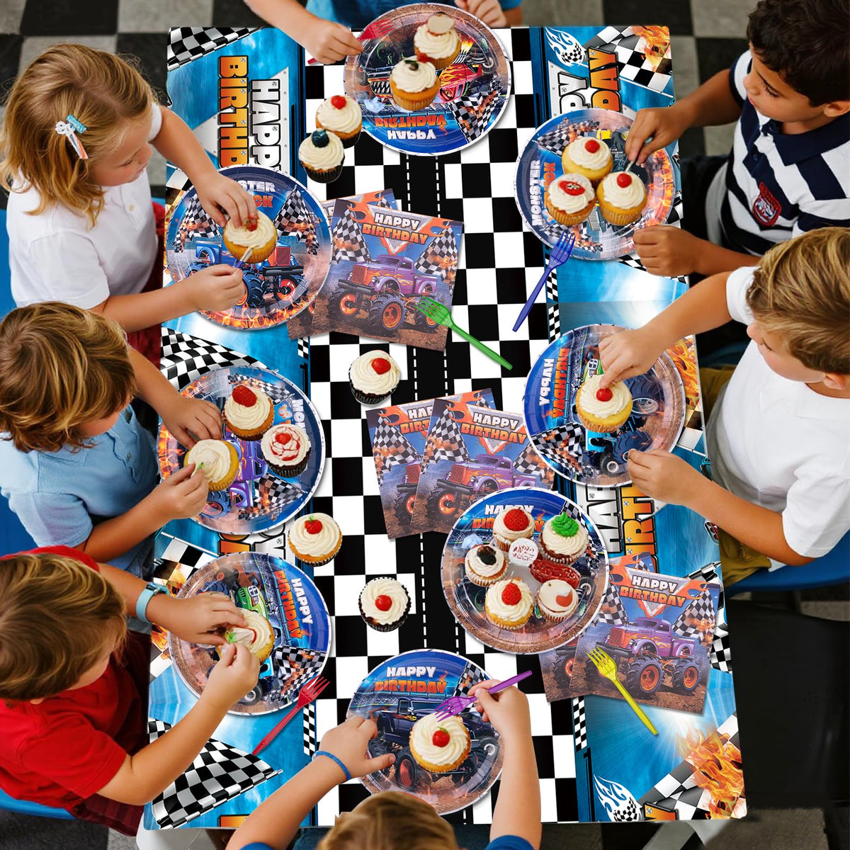 Wakeys Monster Truck Birthday Decorations Kit – 97-Piece Party Supplies for Boys (Serves 24 Guests)