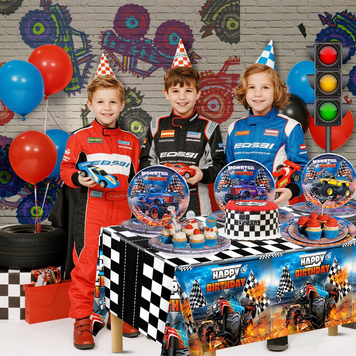 Wakeys Monster Truck Birthday Decorations Kit – 97-Piece Party Supplies for Boys (Serves 24 Guests)