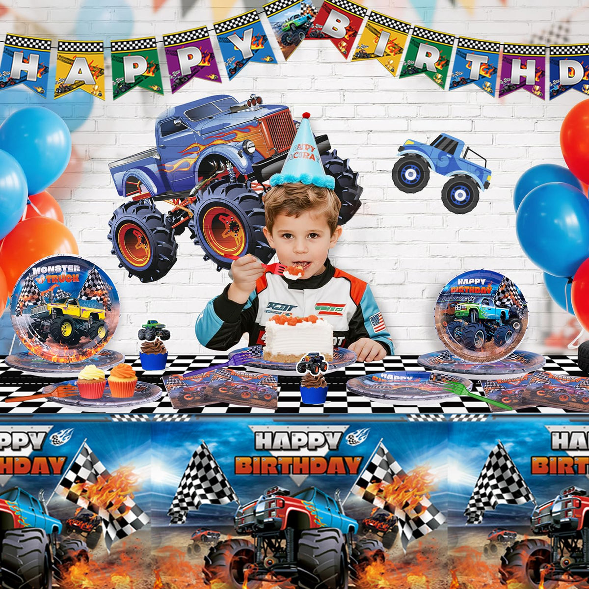 Wakeys Monster Truck Birthday Decorations Kit – 97-Piece Party Supplies for Boys (Serves 24 Guests)