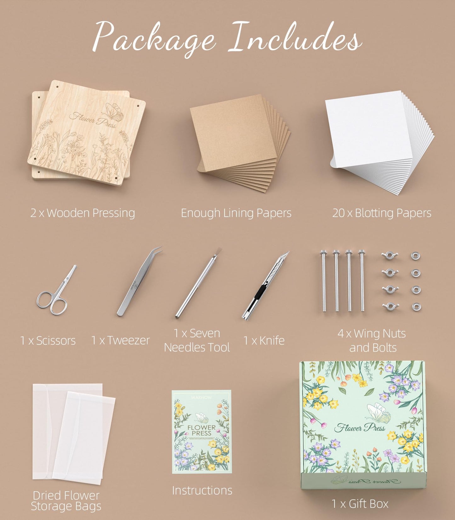 Wakhow Flower Press Kit – 11x11 Large Wooden Flower Press for DIY Dried Flowers