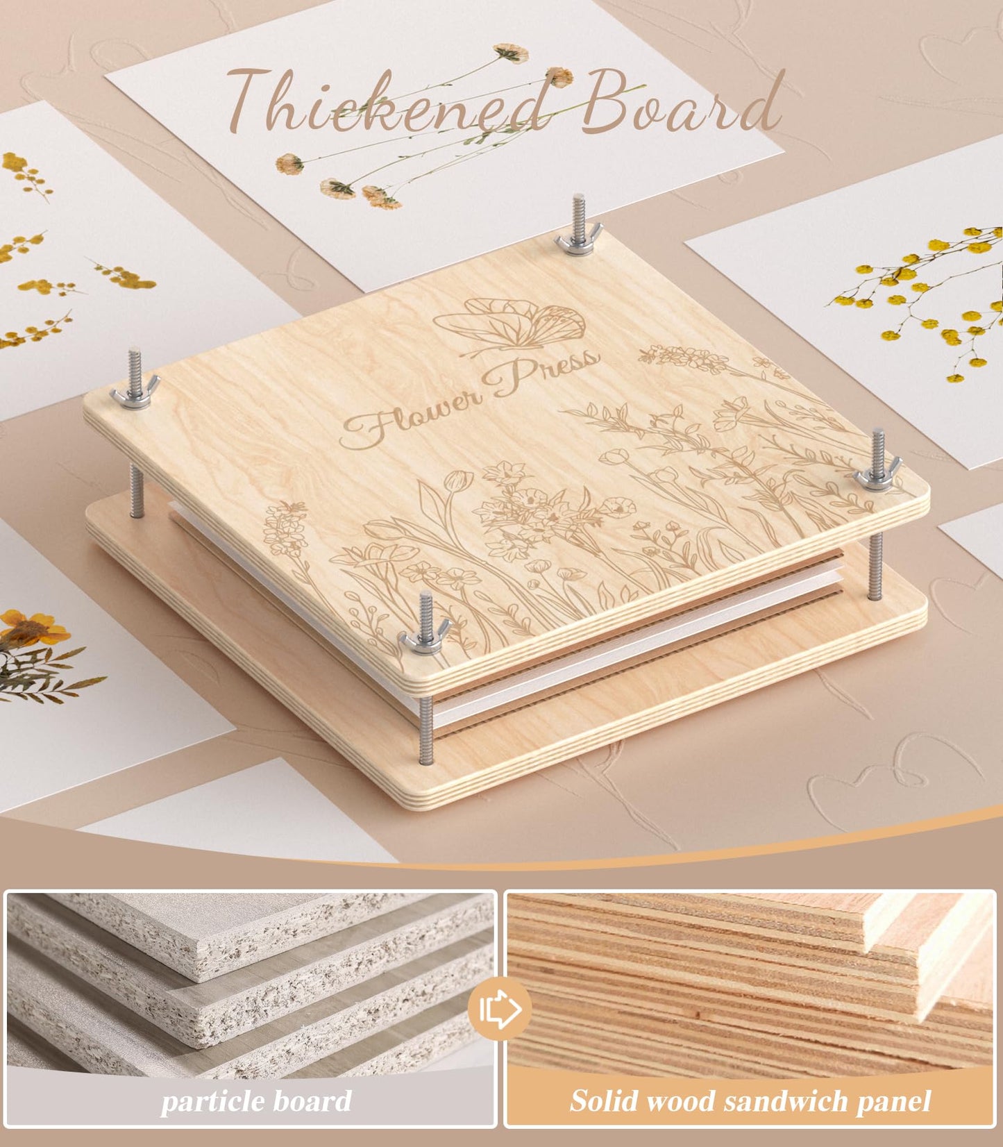 Wakhow Flower Press Kit – 11x11 Large Wooden Flower Press for DIY Dried Flowers