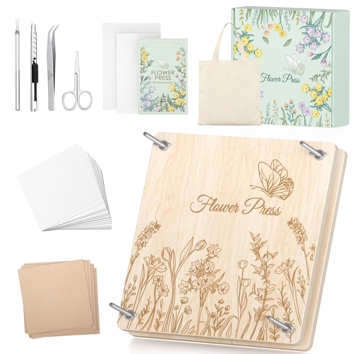 Wakhow Flower Press Kit – 11x11 Large Wooden Flower Press for DIY Dried Flowers