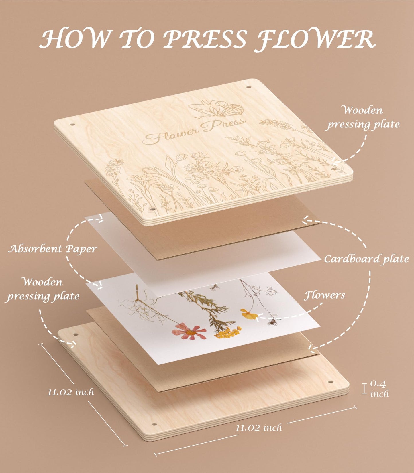 Wakhow Flower Press Kit – 11x11 Large Wooden Flower Press for DIY Dried Flowers