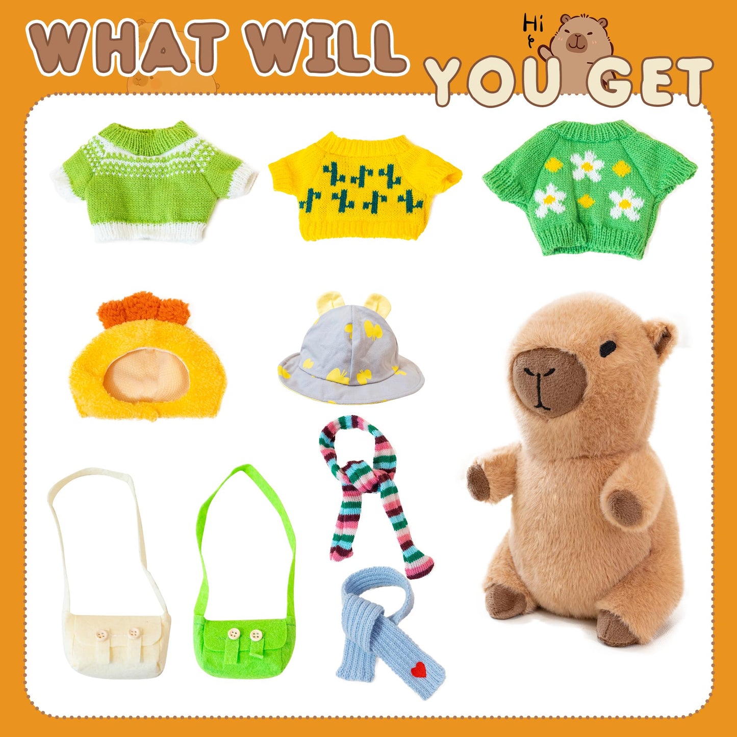 WAKSUN Capybara Plush 10.2-In Dress-Up Set – 10 Pcs with 9 Outfits & Accessories, Soft Plush Toy for Kids