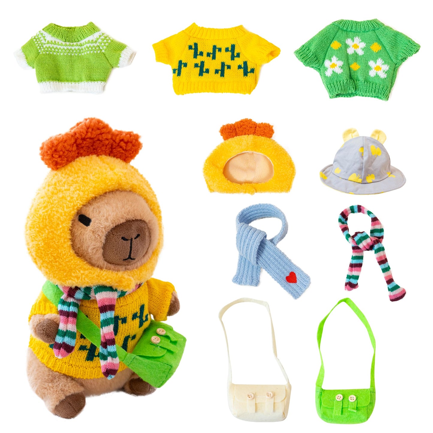 WAKSUN Capybara Plush 10.2-In Dress-Up Set – 10 Pcs with 9 Outfits & Accessories, Soft Plush Toy for Kids