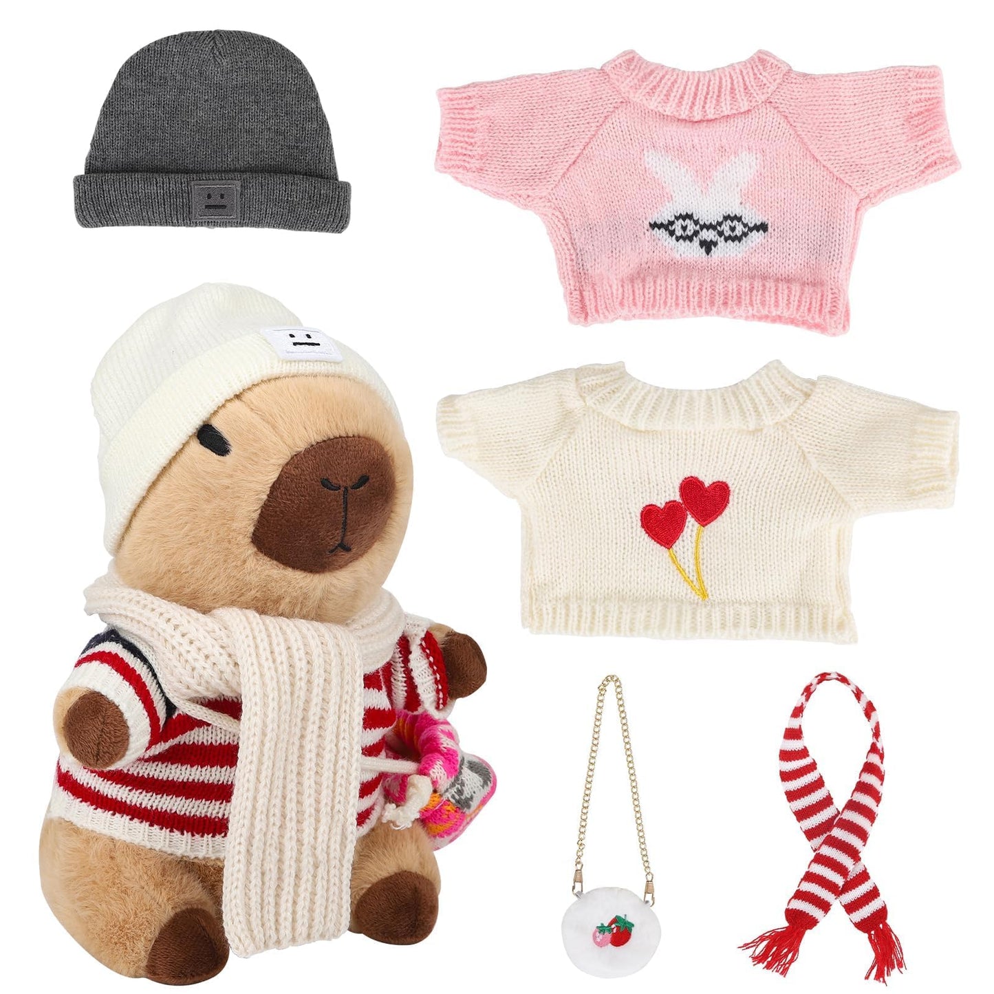 WAKSUN Capybara Plush Set - 10-Piece Dress-Up Toy, 9 Outfits, 10.2 in