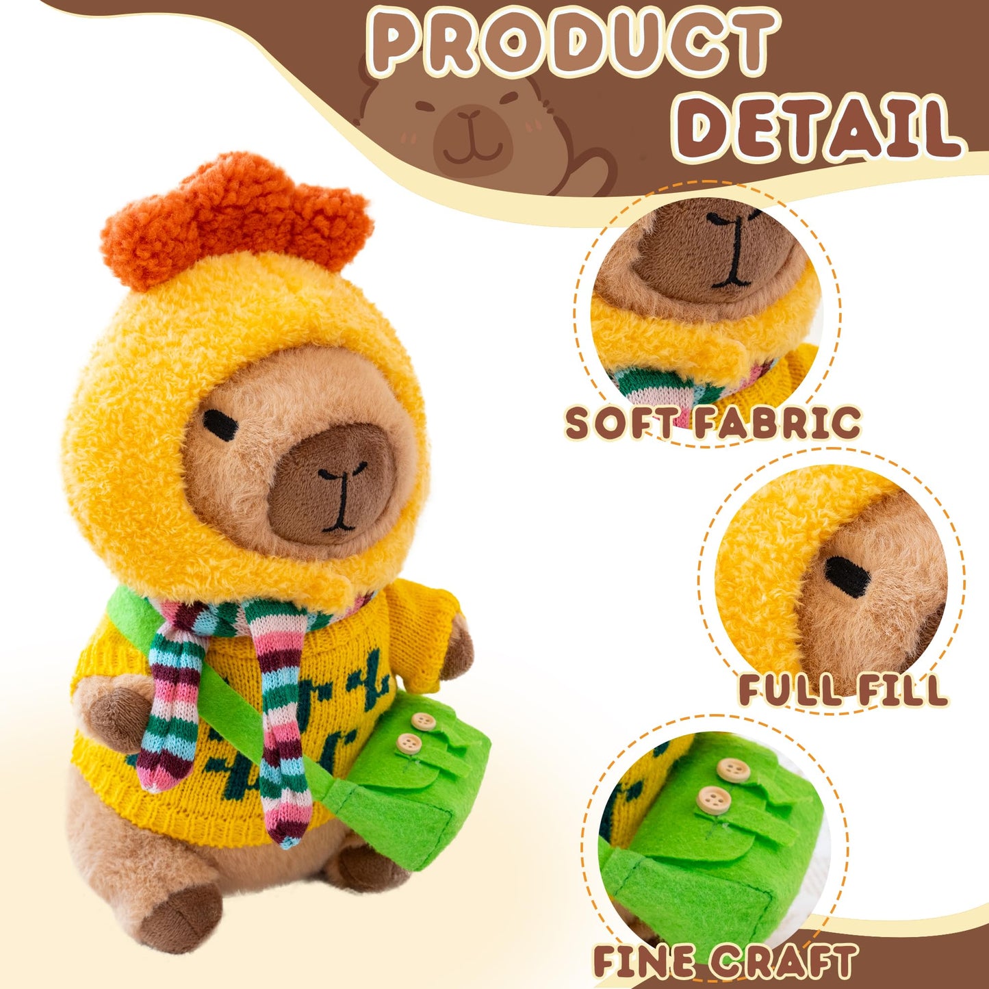 WAKSUN Capybara Plush 10.2-In Dress-Up Set – 10 Pcs with 9 Outfits & Accessories, Soft Plush Toy for Kids