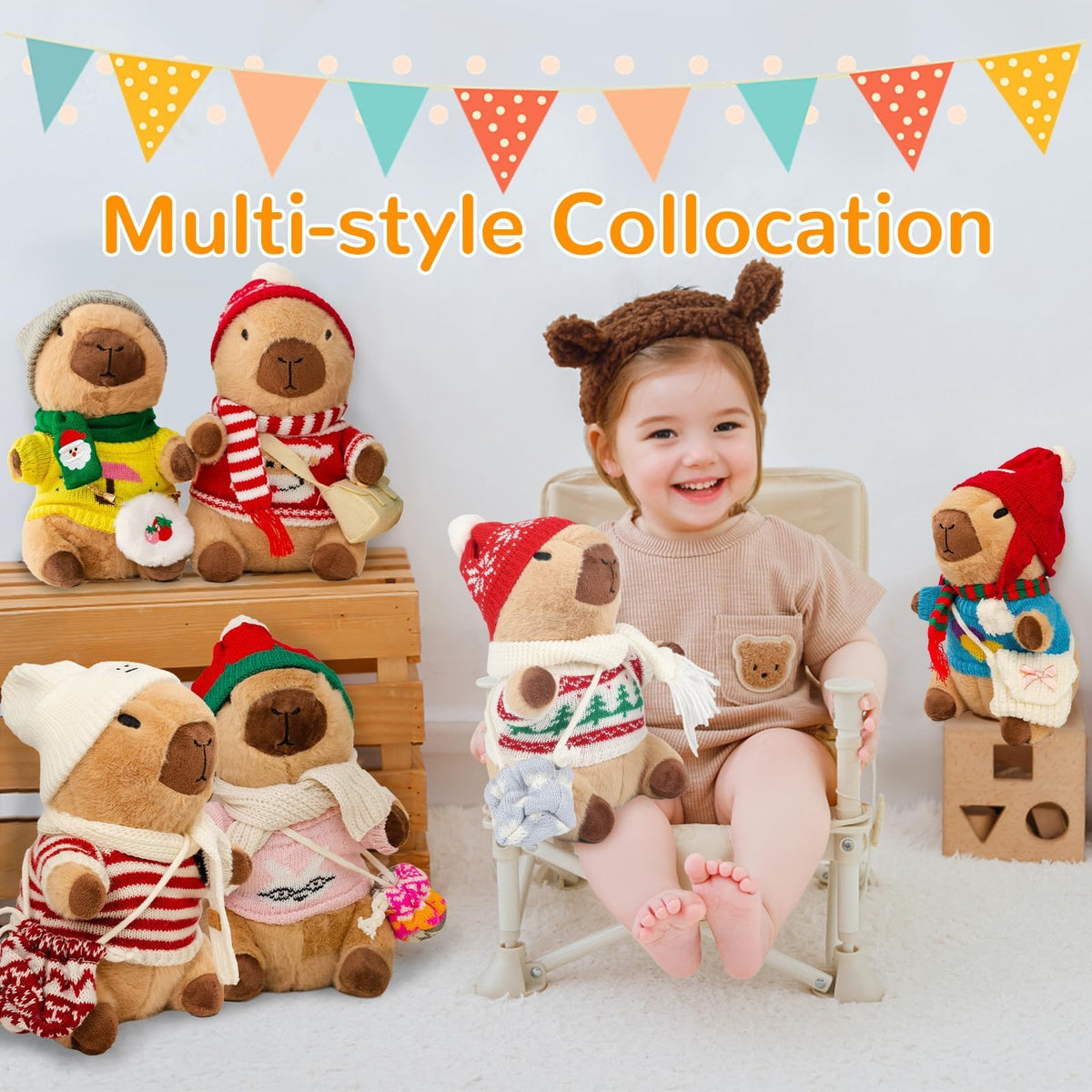 WAKSUN Capybara Plush Set - 10-Piece Dress-Up Toy, 9 Outfits, 10.2 in