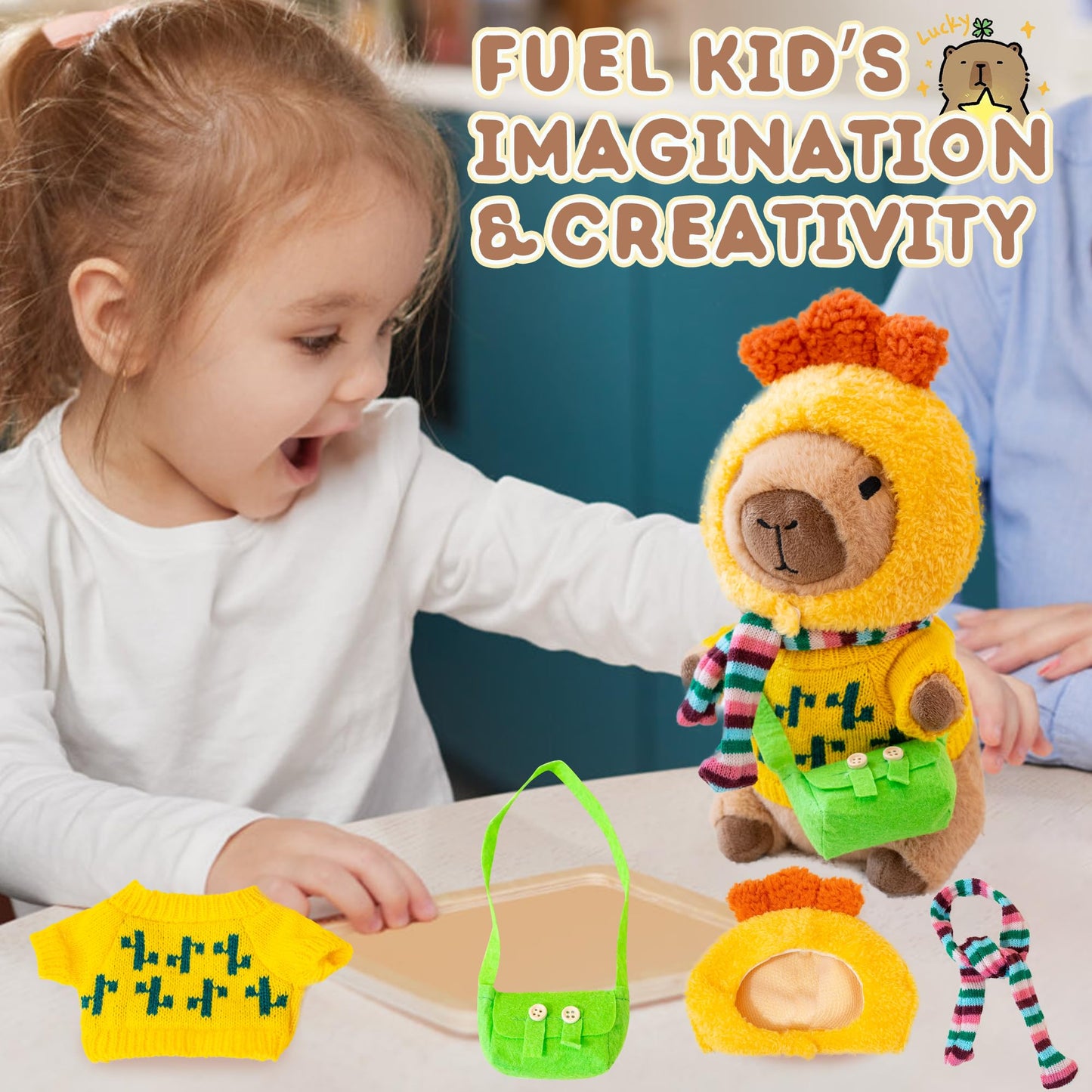 WAKSUN Capybara Plush 10.2-In Dress-Up Set – 10 Pcs with 9 Outfits & Accessories, Soft Plush Toy for Kids