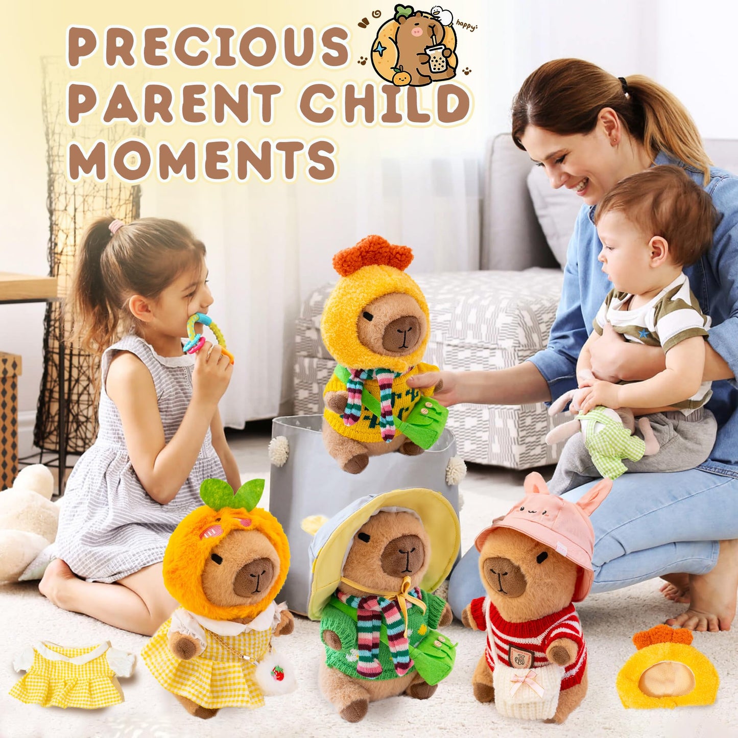WAKSUN Capybara Plush 10.2-In Dress-Up Set – 10 Pcs with 9 Outfits & Accessories, Soft Plush Toy for Kids