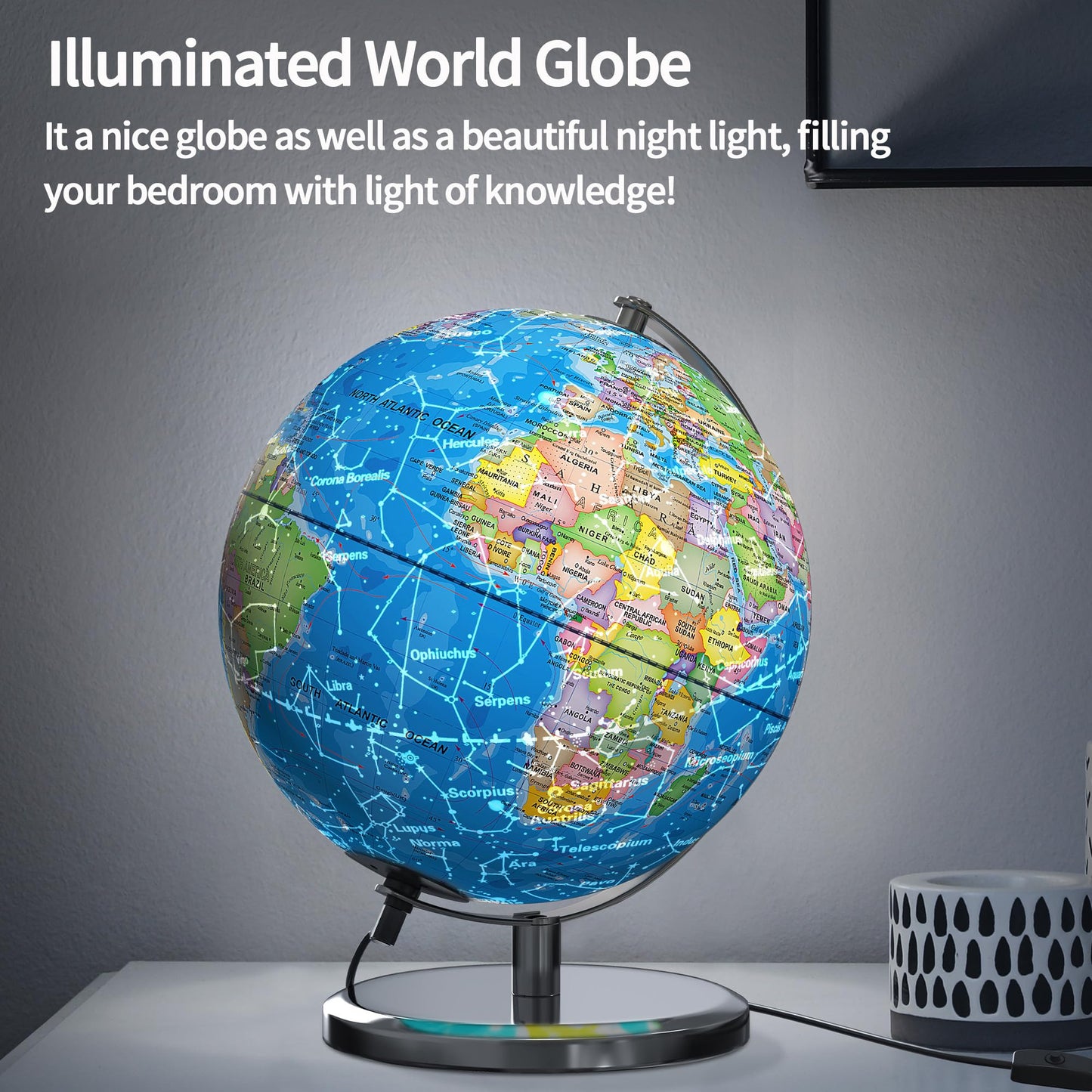 Waldauge Illuminated 9-Inch World Globe with Stand – LED Constellation & HD Map