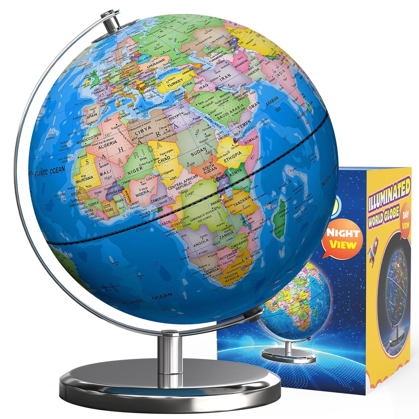 Waldauge Illuminated 9-Inch World Globe with Stand – LED Constellation & HD Map