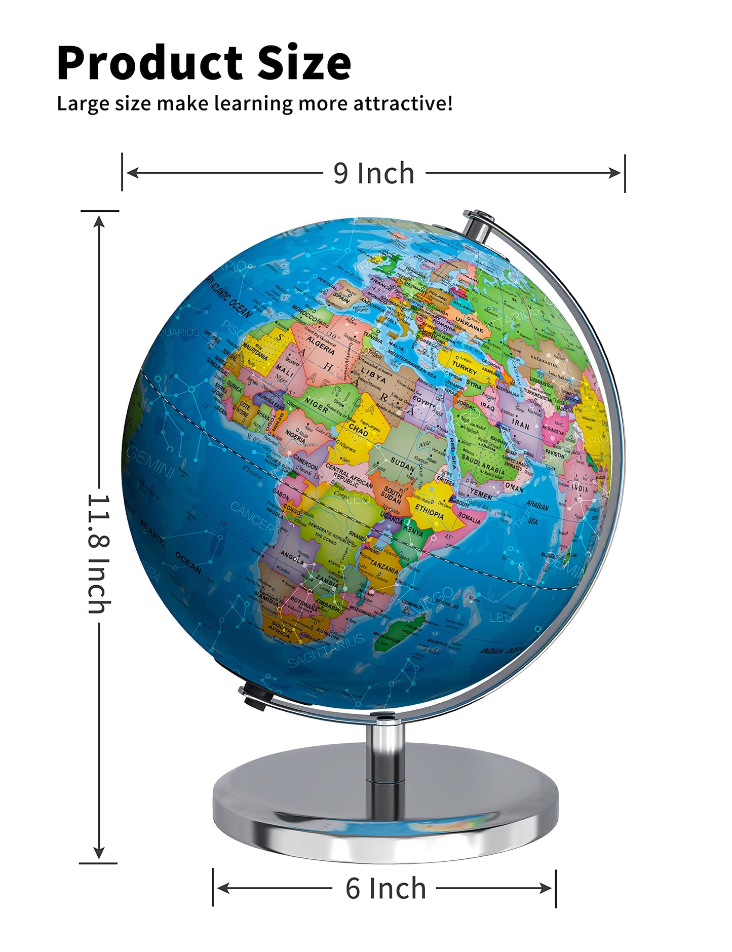 Waldauge Illuminated 9-Inch World Globe with Stand – LED Constellation & HD Map