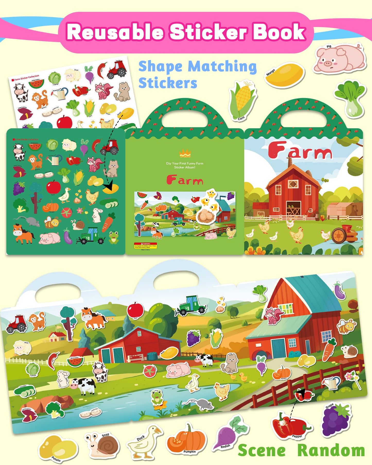 Walenced Reusable Sticker Book for Toddlers – Farm Theme, Waterproof & Portable