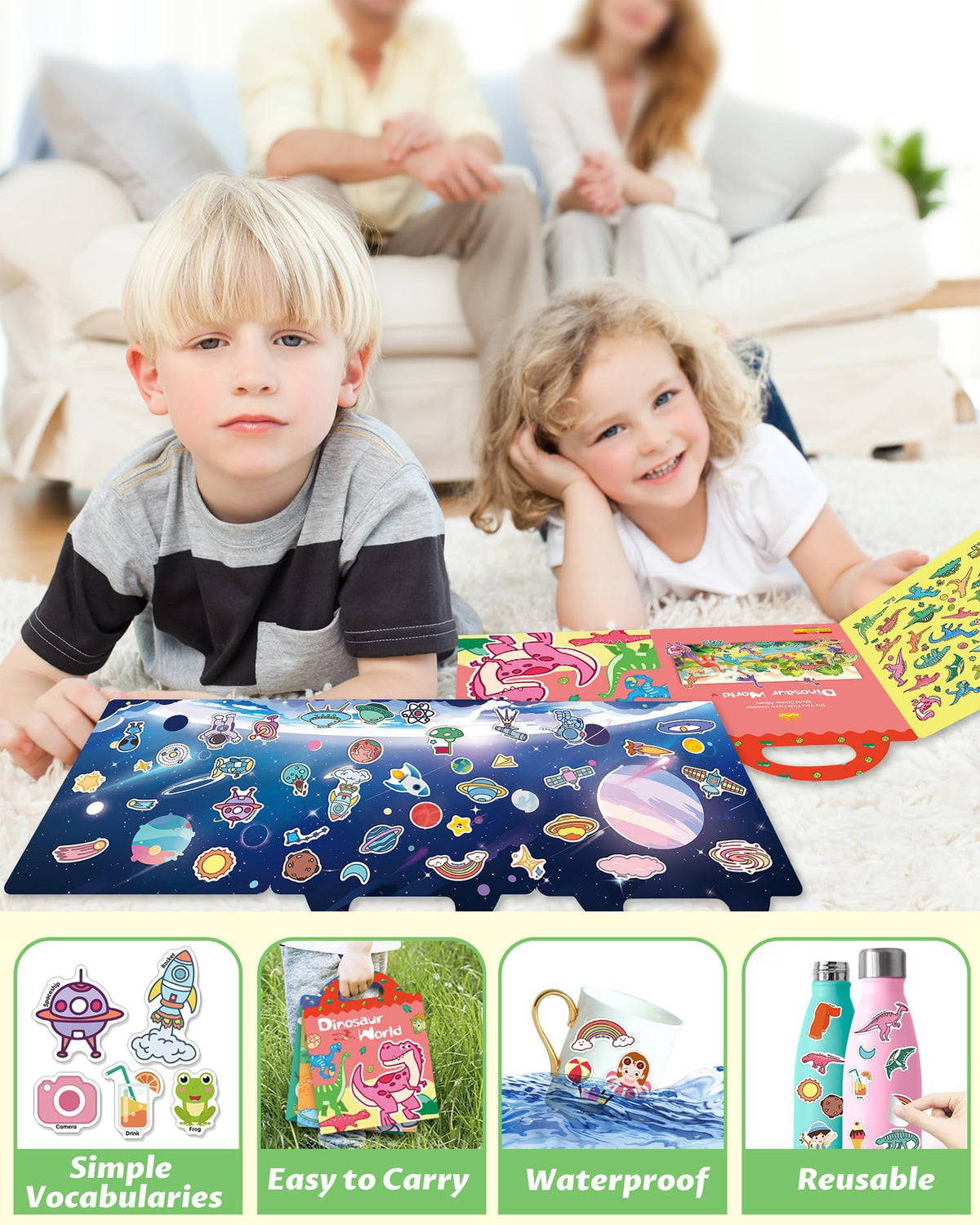 Walenced Reusable Sticker Book for Toddlers – 100 PVC Stickers, 3 Themes, Portable & Screen-Free