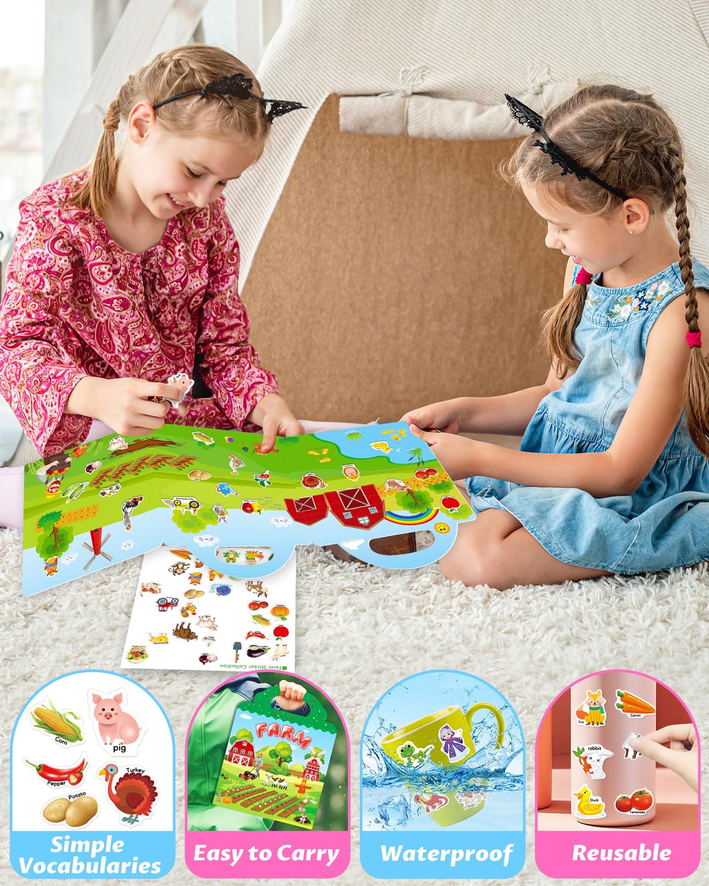 Walenced Reusable Sticker Book for Toddlers – Farm Theme, 43 Pieces