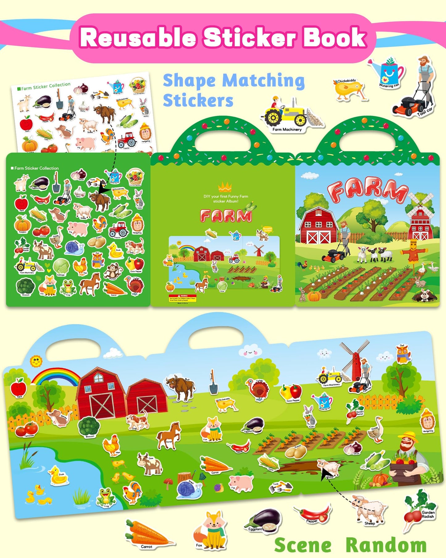 Walenced Reusable Sticker Book for Toddlers – Farm Theme, 43 Pieces