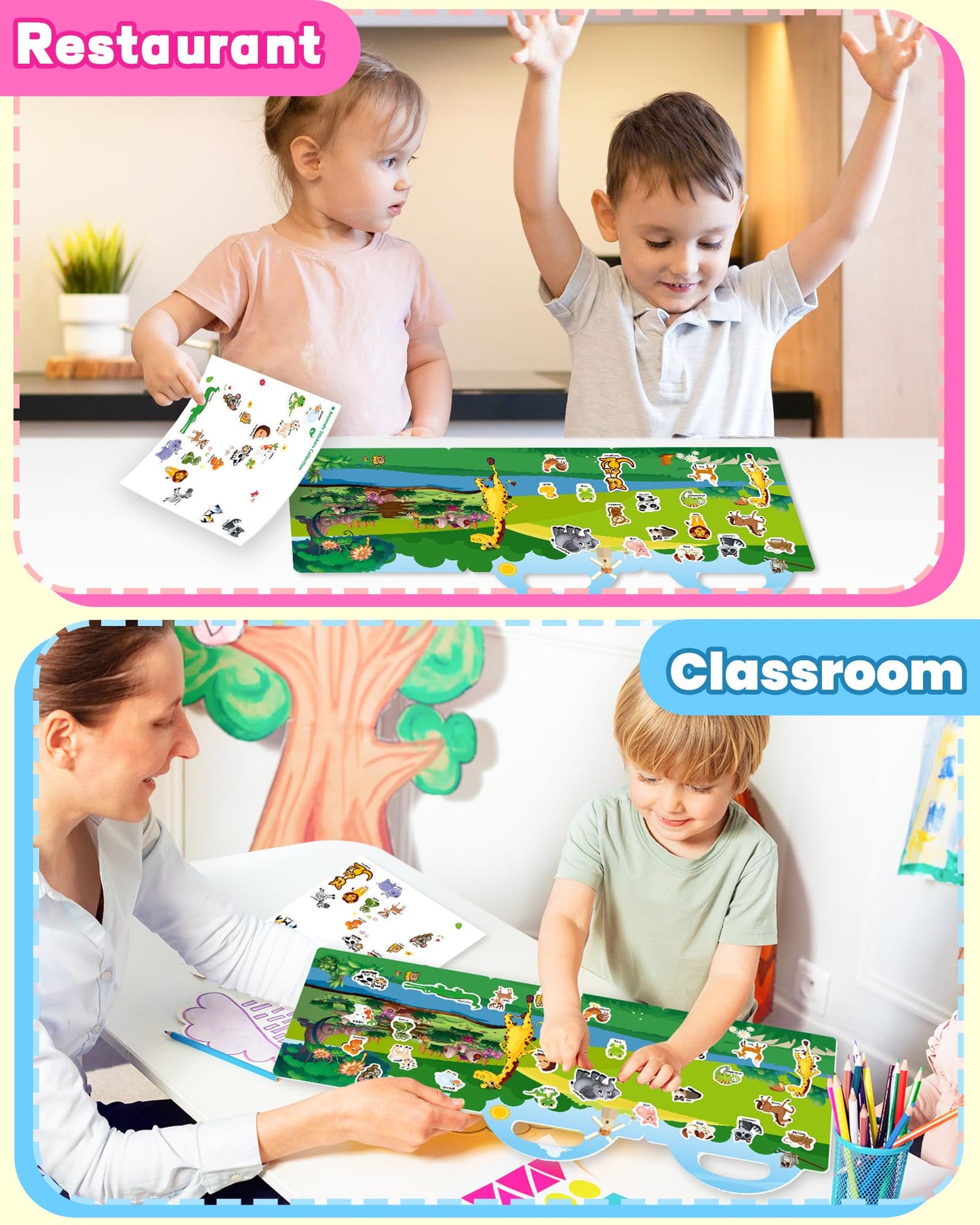 Walenced Reusable Sticker Book for Toddlers - Animal Zoo Theme, Portable & Screen-Free
