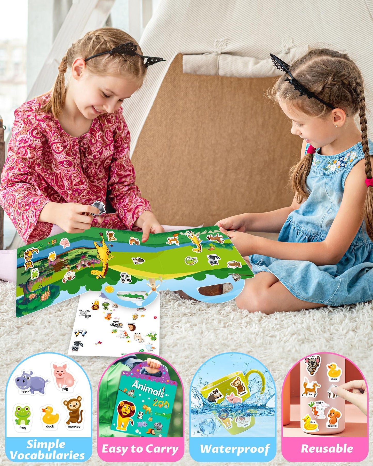 Walenced Reusable Sticker Book for Toddlers - Animal Zoo Theme, Portable & Screen-Free