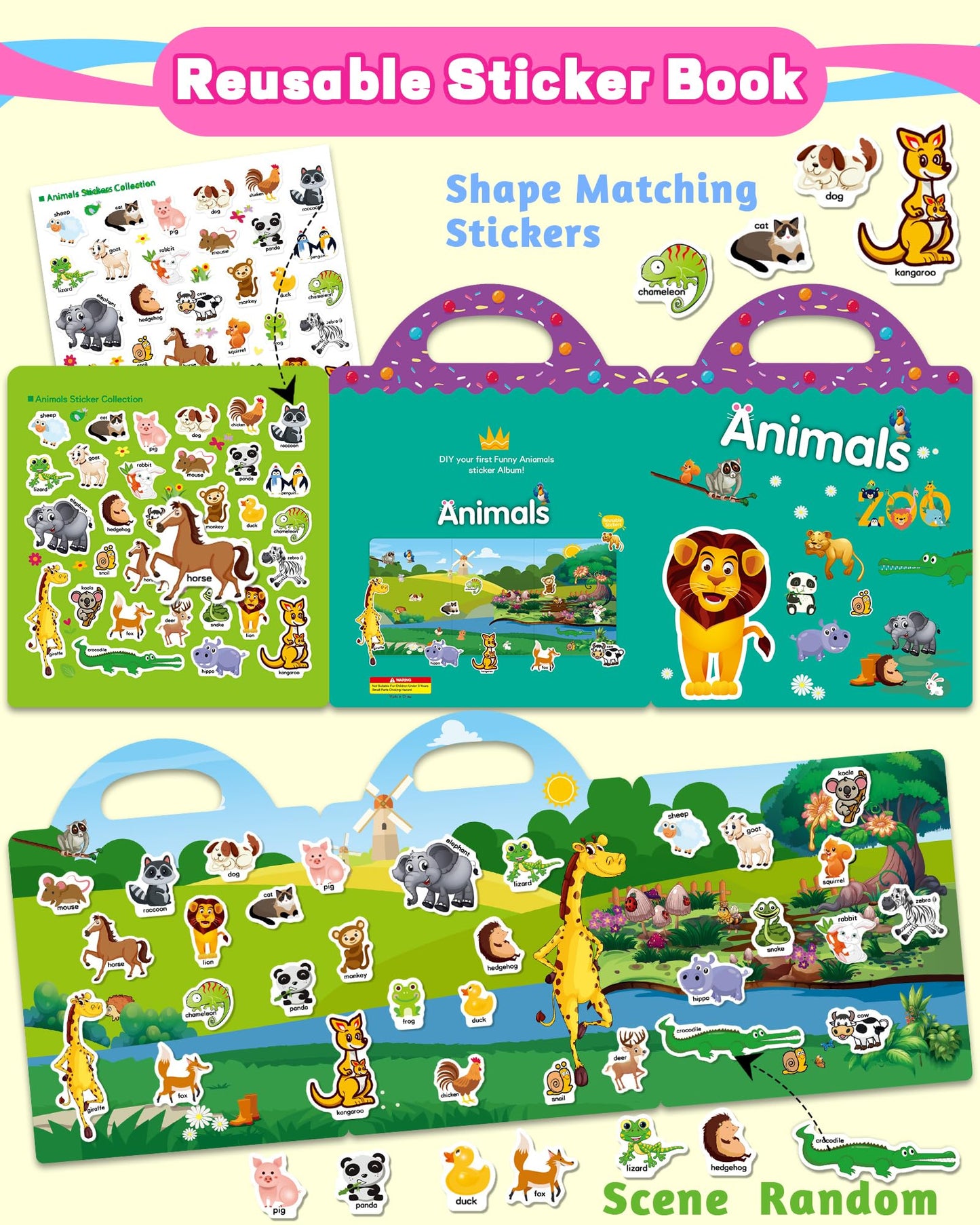 Walenced Reusable Sticker Book for Toddlers - Animal Zoo Theme, Portable & Screen-Free