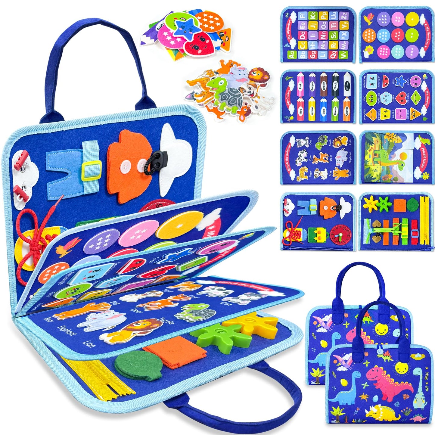 Walenty Busy Board: Montessori Toddler Toy – 8 Page Blue Dinosaur