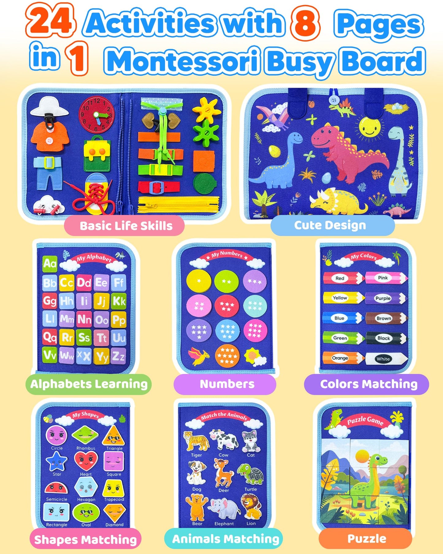 Walenty Busy Board: Montessori Toddler Toy – 8 Page Blue Dinosaur