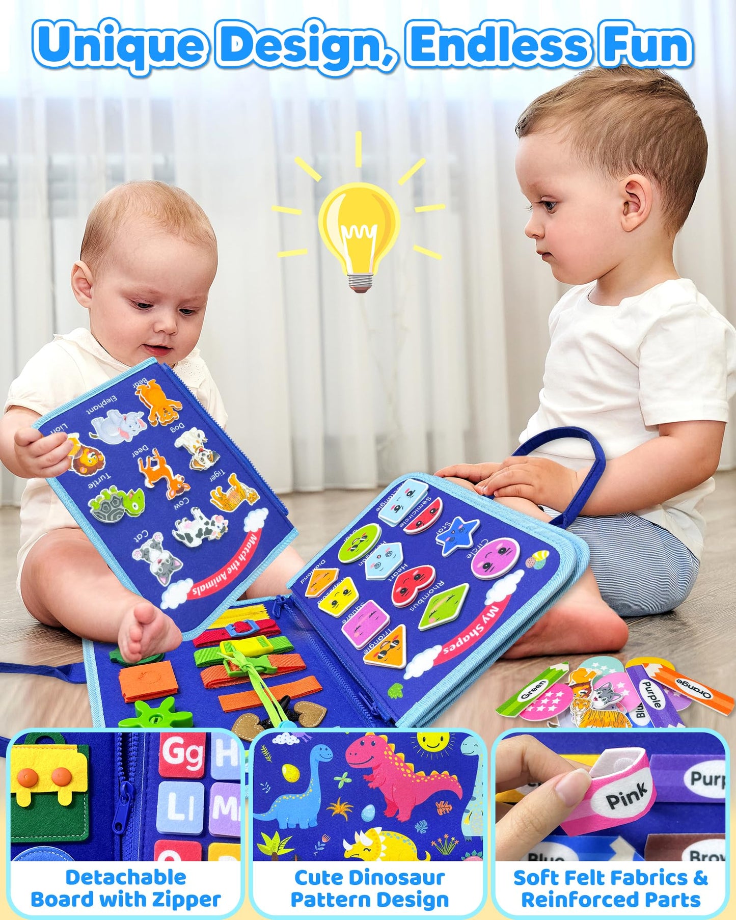 Walenty Busy Board: Montessori Toddler Toy – 8 Page Blue Dinosaur