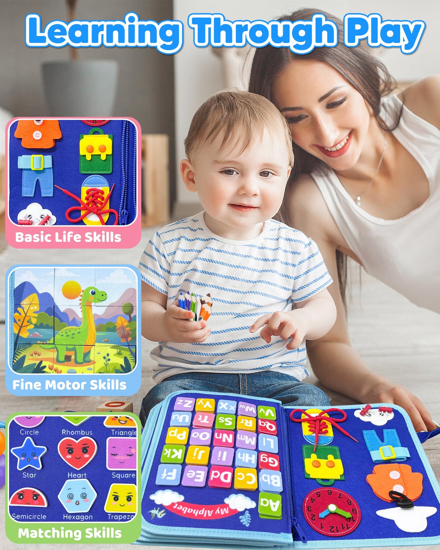 Walenty Busy Board: Montessori Toddler Toy – 8 Page Blue Dinosaur