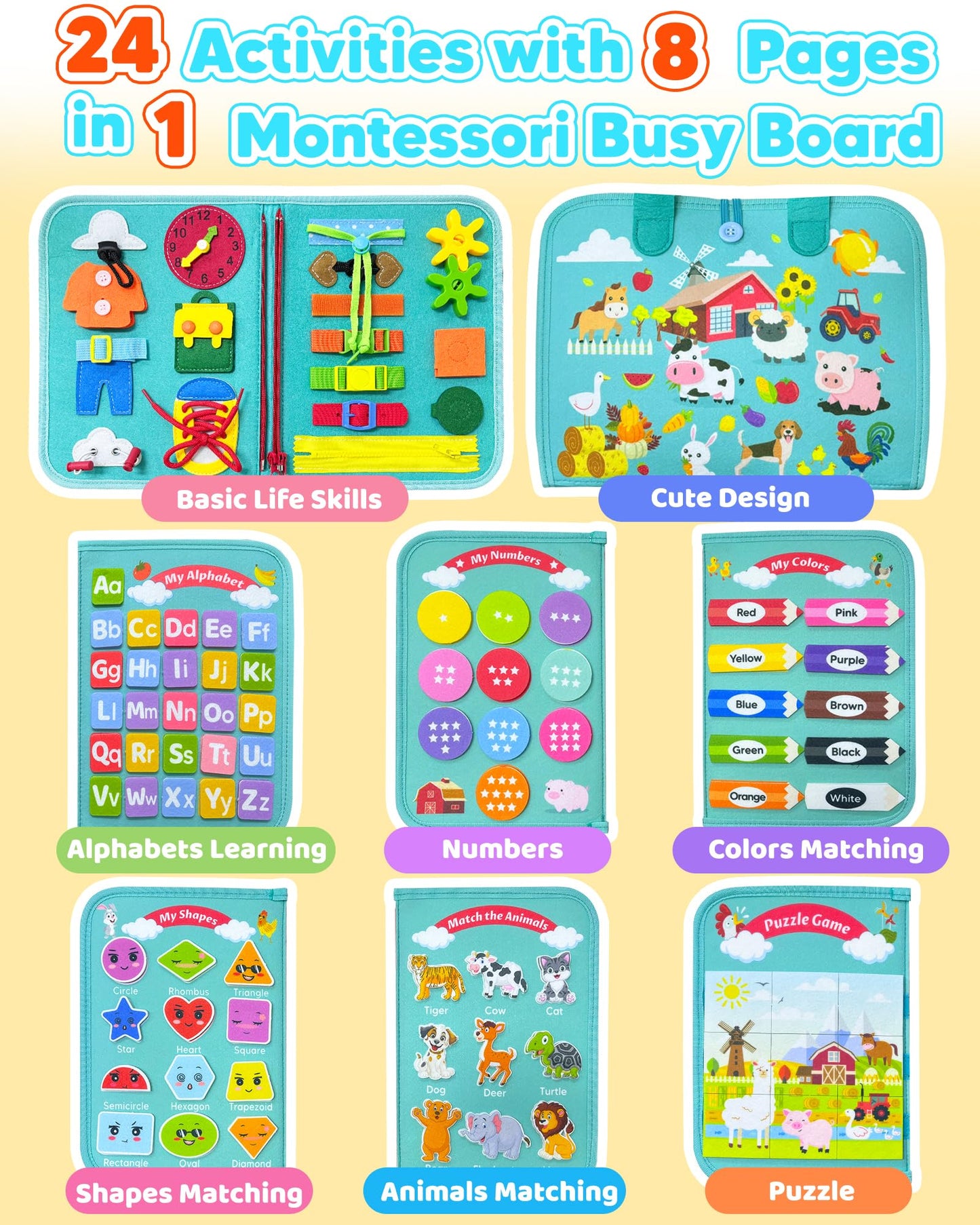 Walenty Busy Board: Montessori Toddler Toy for Travel, Quiet Play, and Skill Building