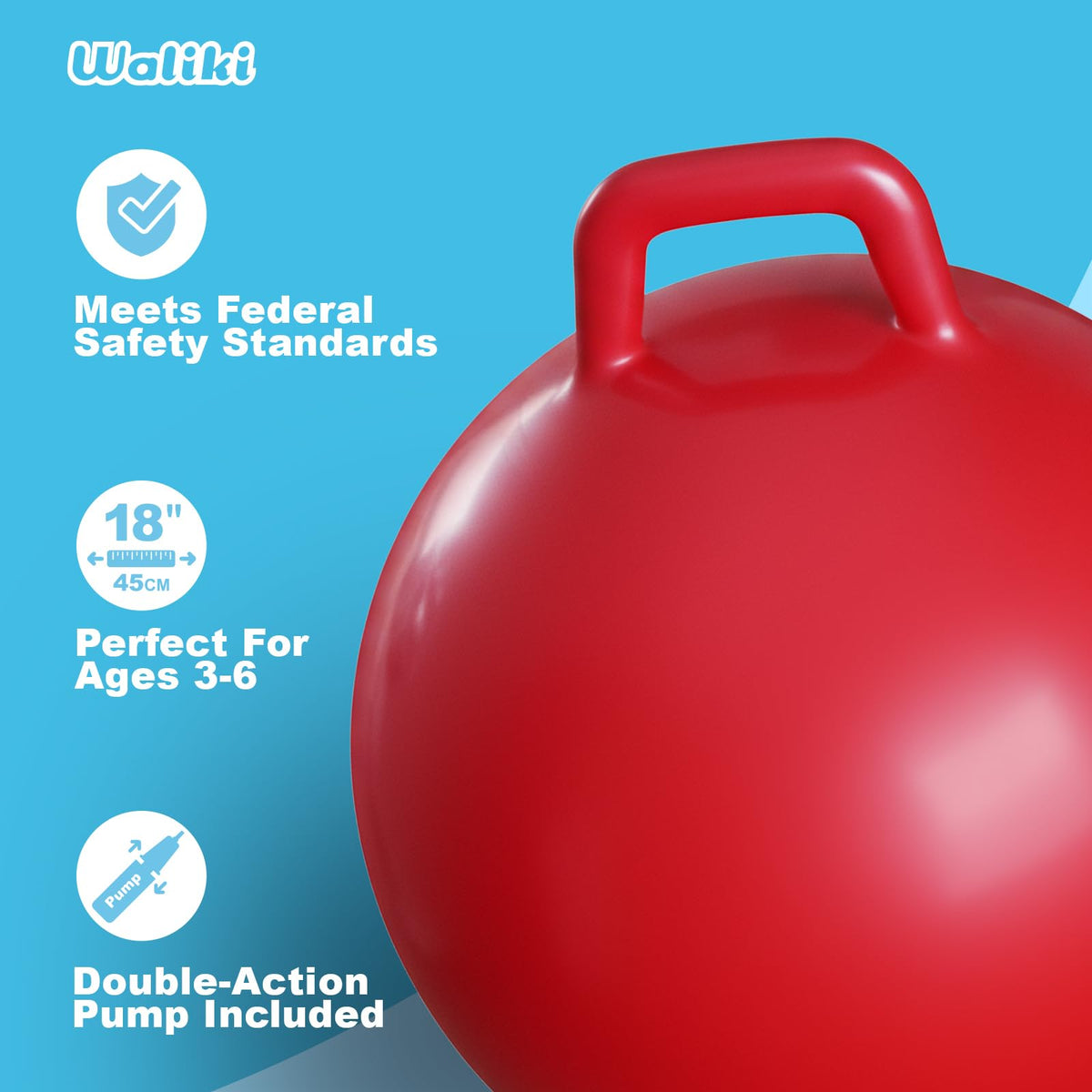 WALIKI Hopper Ball 18" - Jumping Hippity Hop Toy for Kids Aged 3-6 | Safe, Durable, Easy Inflate