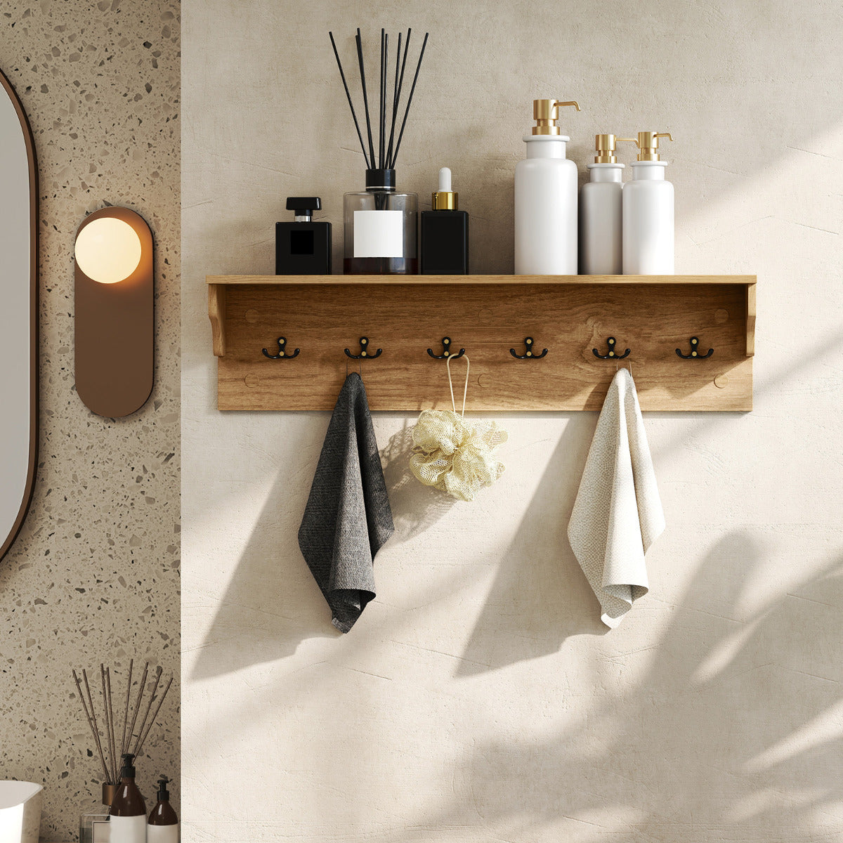 80 CM Wall Hooks with Shelf Wooden Coat Rack-White