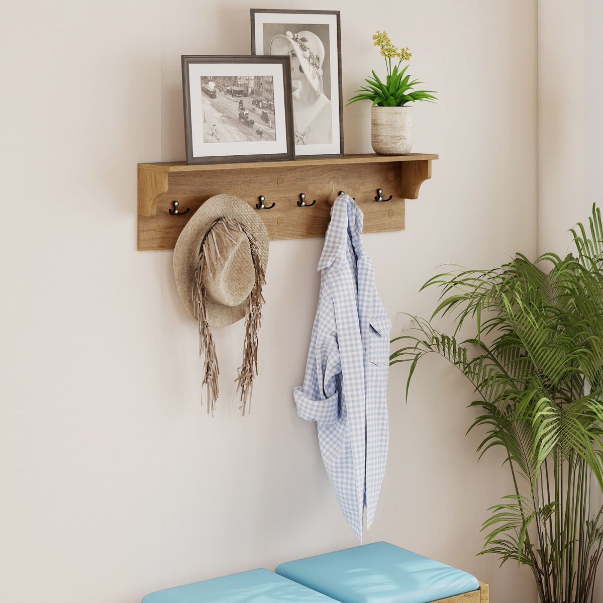80 CM Wall Hooks with Shelf Wooden Coat Rack-White
