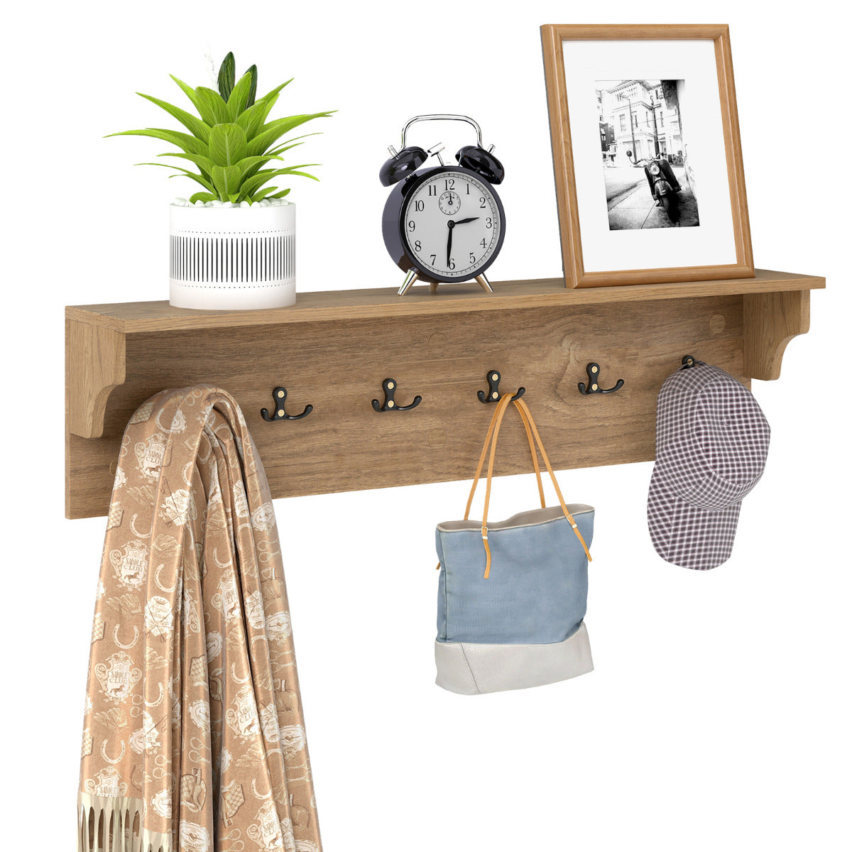 80 CM Wall Hooks with Shelf Wooden Coat Rack-White