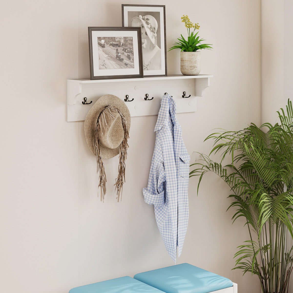 80 CM Wall Hooks with Shelf Wooden Coat Rack-White