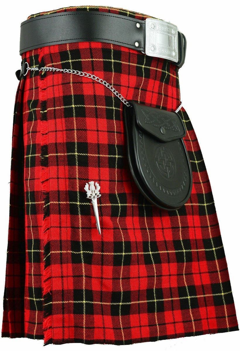 Wallace Tartan Traditional Scottish Men's Kilt Outfit Thistle Pin, Buckle, Belt, Sporran Set